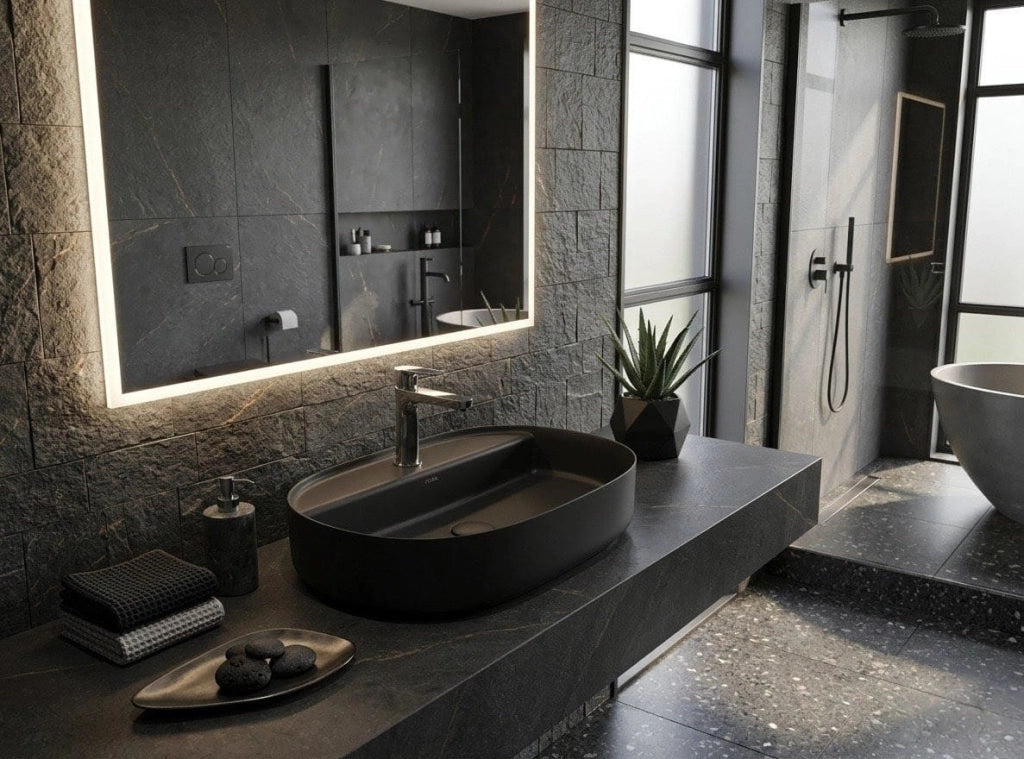 Lavabo ovale da appoggio senza troppo pieno in ceramica con foro rubinetto - Nero Opaco
