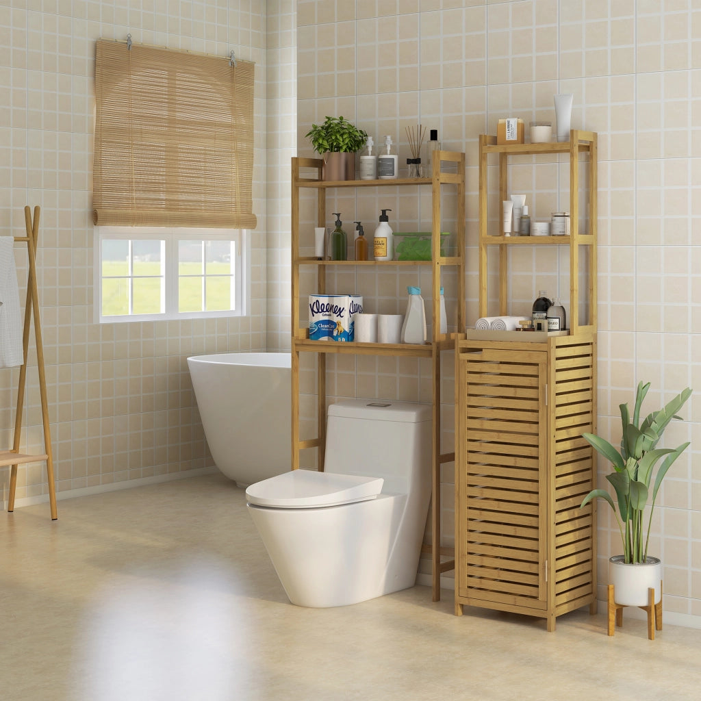 Scaffale bagno sopra WC in bambù naturale con 3 ripiani e sistema antiribaltamento