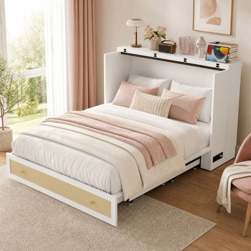 DESMIU Letto a scomparsa 2 posti con cassetto, USB e presa, 140 × 200 cm, senza materasso, in MDF, bianco