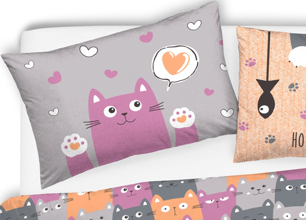 Copripiumino Sacco Piumone Pensieri Delicati Cotone Disegno Happy Cat - Singolo - Arancio