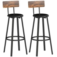 Set 2 Sgabelli da Bar Stile Industriale con Schienale, Seduta in Finta Pelle e Poggiapiedi, Marrone Rustico