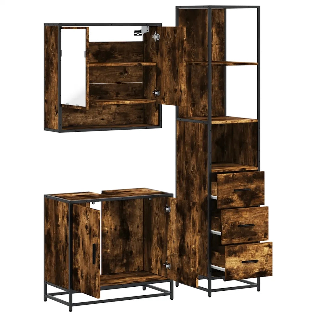 Set Mobili da Bagno 3 pz Rovere Fumo in Legno Multistrato