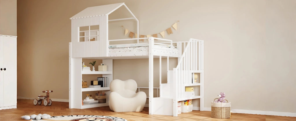 DESMIU Lit a soppalco 90 × 200 cm 1 posto con scala contenitore e scaffali, senza materasso, in MDF e metallo, bianco