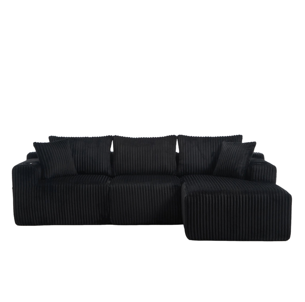 Divano modulare 257x160x62 cm tessuto nero, con chaise longue e 5 cuscini, per studio –