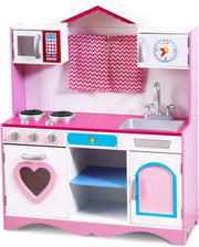 Cucina Giocattolo per Bambini in Legno, Cucina per Bambini con Forno, Microonde, Stufa a Gas, Lavello e Rubinetto, per 3 Anni+