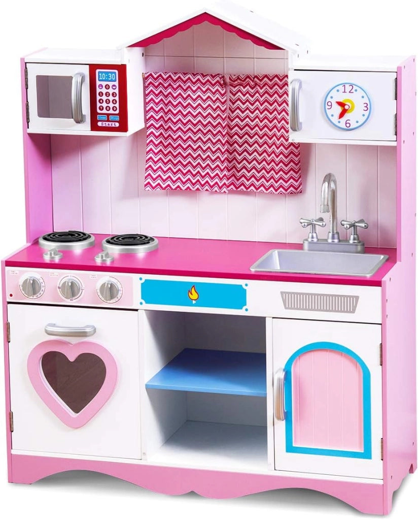 Cucina Giocattolo per Bambini in Legno, Cucina per Bambini con Forno, Microonde, Stufa a Gas, Lavello e Rubinetto, per 3 Anni+