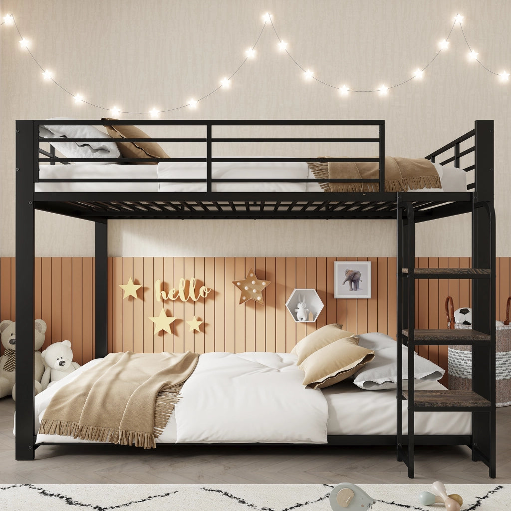 Letto a castello matrimoniale 140 × 200 cm con scaletta larga e barriera di sicurezza, senza materasso, in metallo e MDF, nero