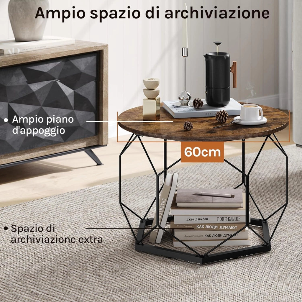 Tavolino da Salotto Rotondo, Tavolino da Caffè con Struttura in Metallo per Soggiorno, Balcone, Divano e Letto, Marrone Rustico+Nero, BTS27vbn