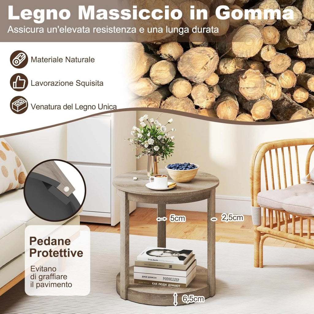 Tavolino Rotondo da Salotto, Tavolo da Caffè a 2 Livelli con Ripiano e Gambe in Legno di Gomma, Portata 160 kg, Tavolino in Legno per Soggiorno, Studio e Ufficio, 60,5 x 60,5 x 61 cm (Grigio)