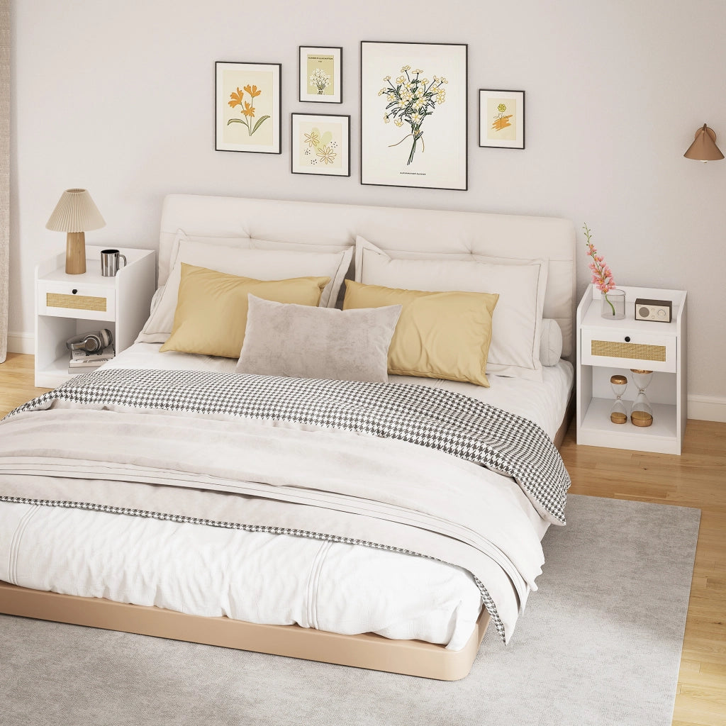 Comodino con cassetto e fronte in rattan ¨C Zephmum ¨C 40x40x53 cm bianco