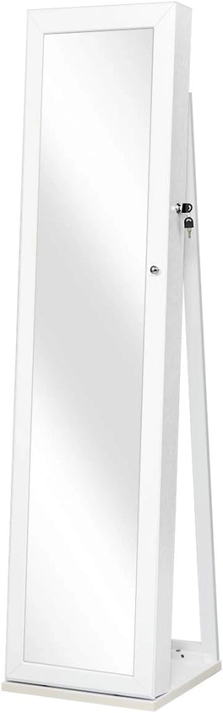 Armadietto Portagioie in Piedi con Specchio Ribaltabile, Armadietto a Specchio per Gioielli con 5 Scomparti, Supporto Triangolare, 157,5x38x38 cm,Bianco