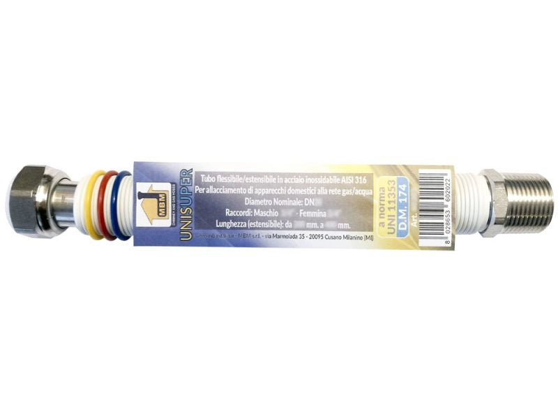 Tubo flessibile estensibile gas  acqua  inox 1/2' 75 /130 mm unisuper UNI 11353 DM 174 bianco