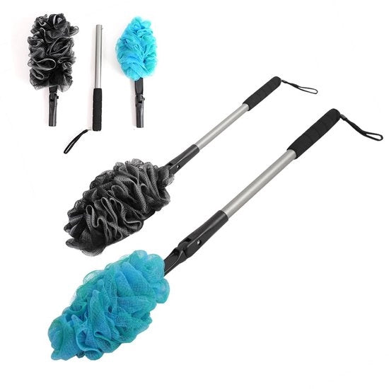 Set di 2 docciaschiuma con spugne per doccia, accessori per la doccia, palline per la doccia, spugne per massaggi, spugne per la doccia a maglia, spazzola per la doccia a maglia con lunghe setole.