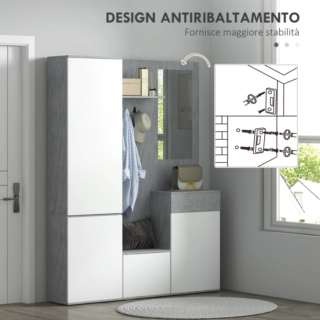 Mobile Guardaroba per Ingresso con Specchio Appendiabiti e Armadio 145x29x184 cm Grigio e Bianco