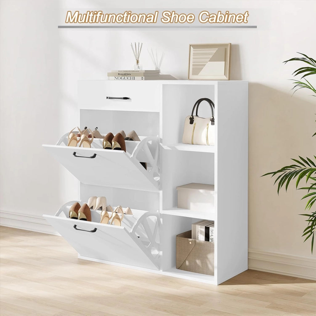 Scarpiera a Ribalta, Scarpiera da Ingresso con Ripiani Aperti, Porta Scarpe con Cassetto, Organizer per Scarpe, Stivali, in Legno, Bianco, 80,2x30x90 cm