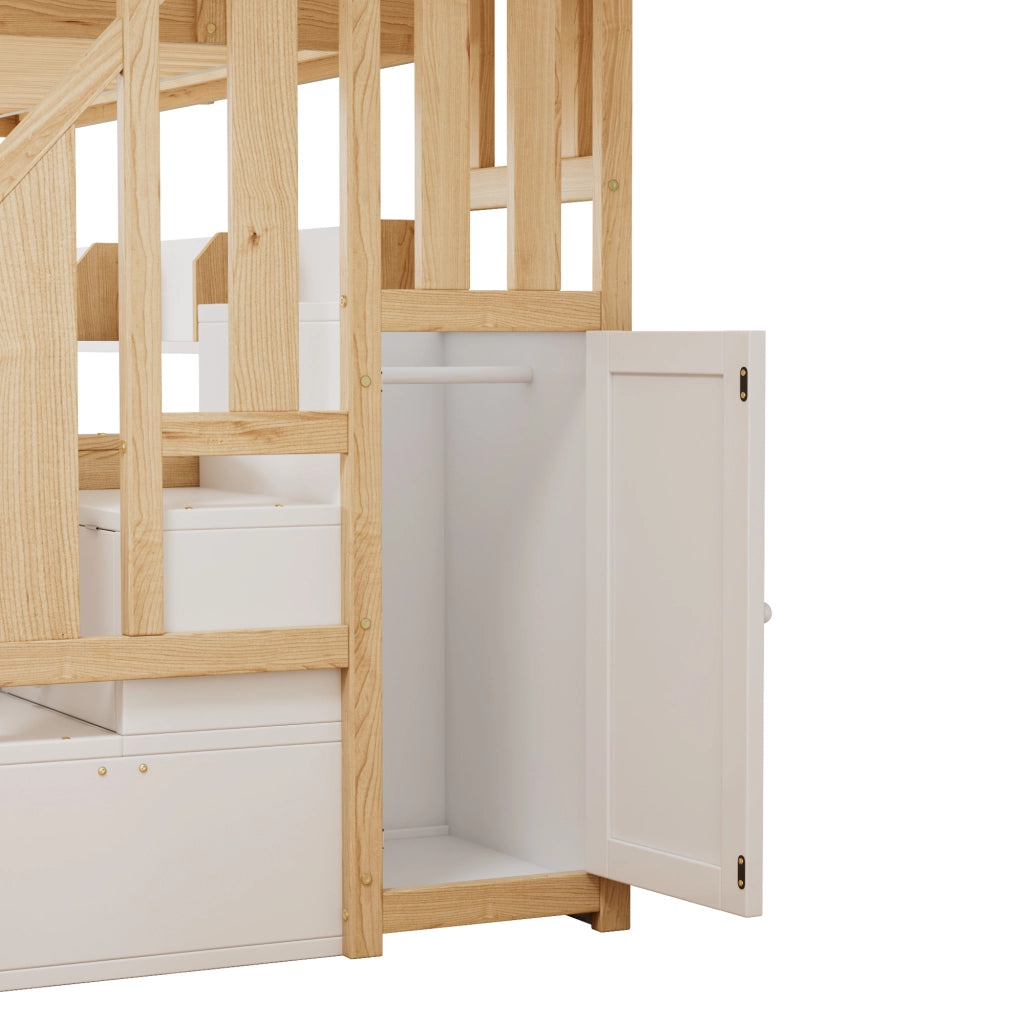 DESMIU Letto a castello per bambini 90 × 200 cm e 120 × 200 cm con letto estraibile, scala, armadio, senza materasso