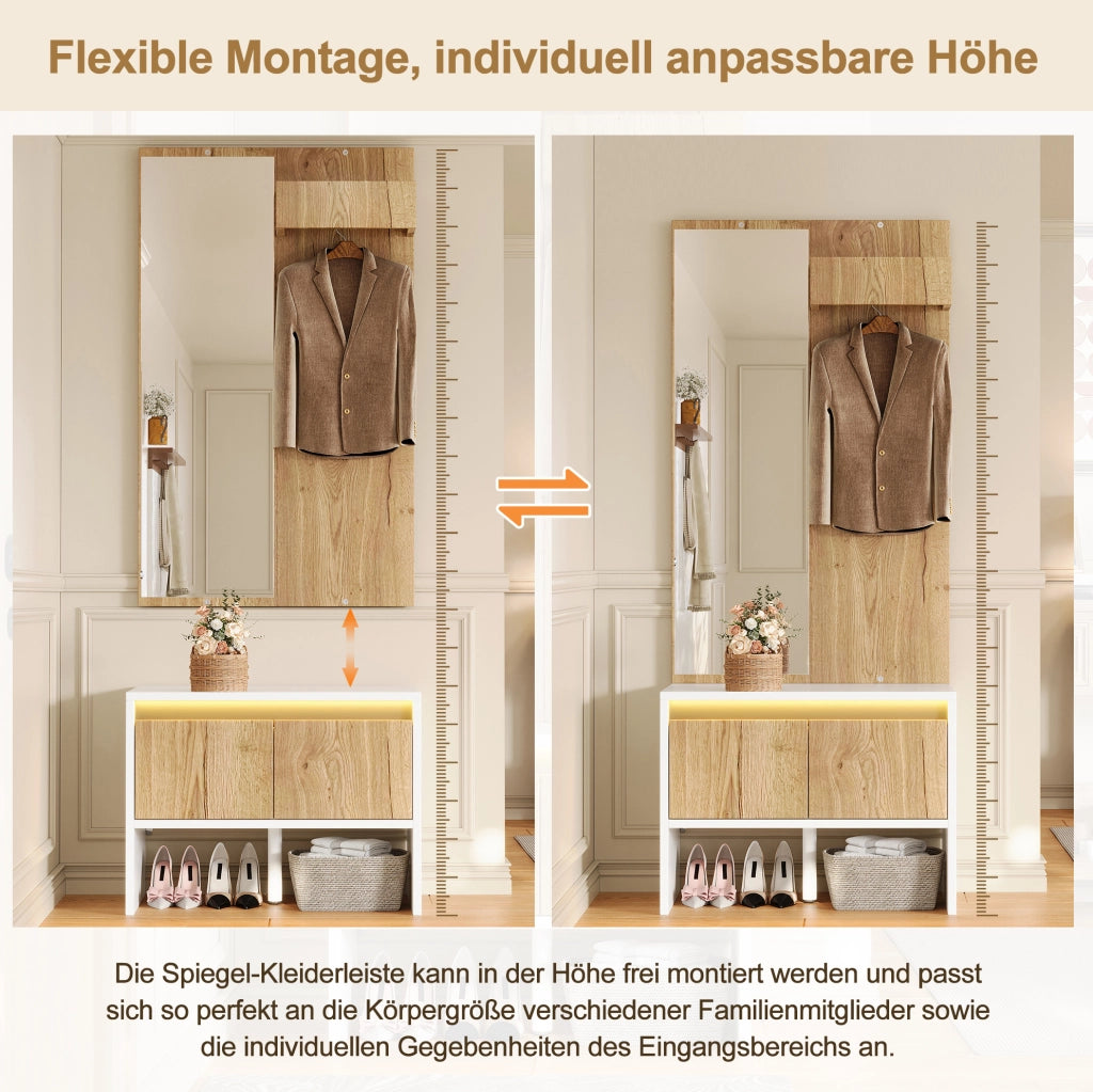 Set ingresso 3 in 1 con appendiabiti; specchio; panca porta scarpe e 2 cassetti; bianco e naturale