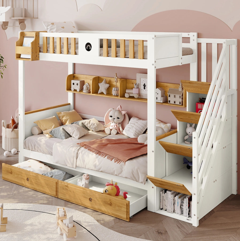 Letto a castello 90x200 cm con scala contenitore, 2 cassetti e ripiani
