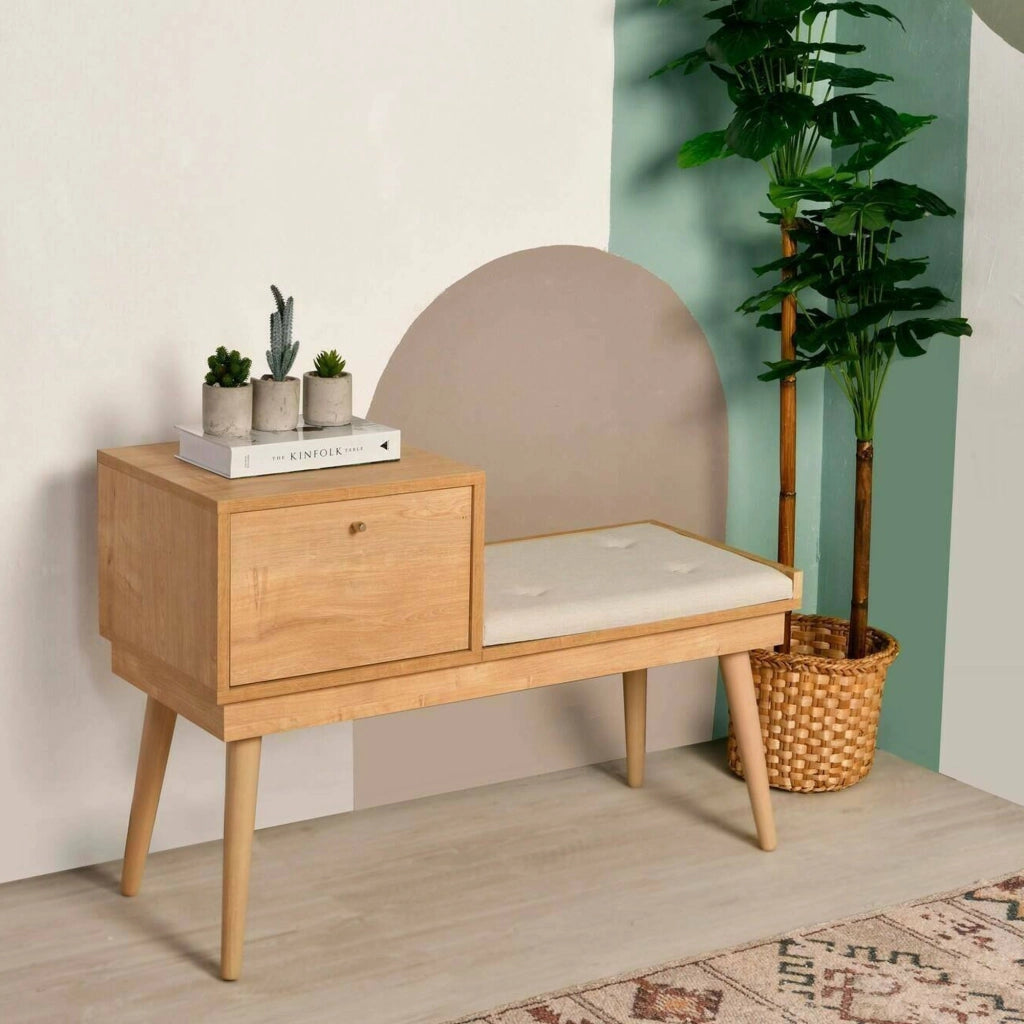 Panca Asolo, Panchina multiuso, Seduta per ospiti, Cassapanca multifunzione, 40x105h45 cm, Quercia e Crema