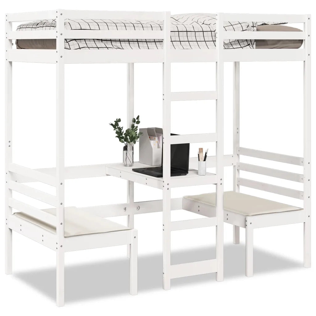 Giroletto Soppalco con Scrivania e Sedie-Struttura Letto Bianco 90x190cm Pino