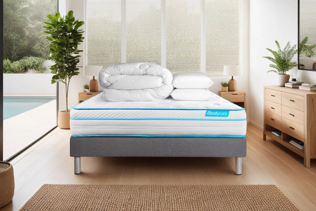 Pacchetto letto completo - Materasso 140x190cm + Box spring con doghe (kit) + 2 cuscini + Piumino - BodyMax