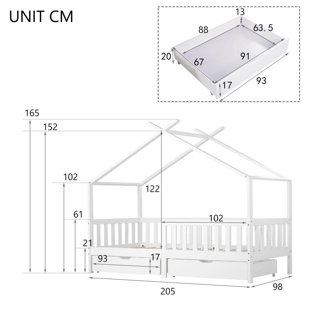 Letto a casa bianco con recinzione funzione di stoccaggio in legno massello 200x90 cm