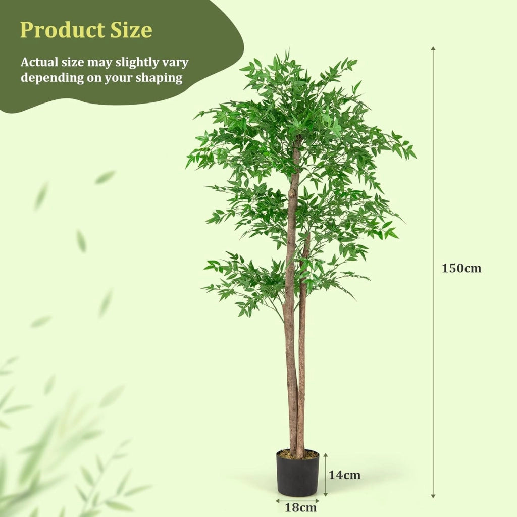Pianta artificiale in bambù, 150 cm, pianta artificiale in vaso con tronchi e foglie, albero artificiale decorativo per interni, casa, ufficio e soggiorno