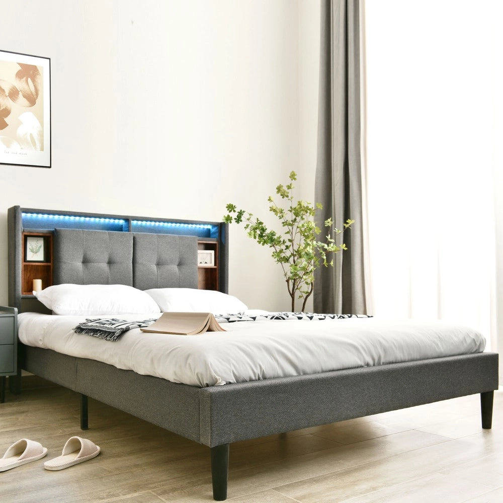Letto Contenitore Matrimoniale Imbottito con LED e USB ¨C MINIMAL ¨C Grigio 140x200, Rete a Doghe in Legno