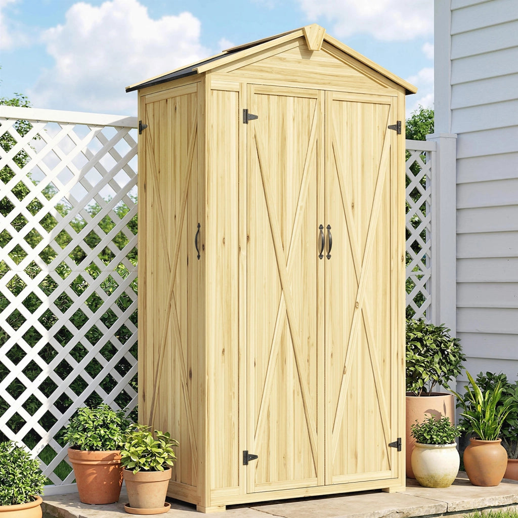 Armadio da Giardino 93x53x168 cm a 3 Ante con 4 Ripiani e Ganci in Legno di Abete Naturale
