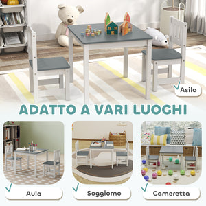 Set Tavolo e Sedie per Bambini da 3-8 Anni in Legno con Bordi Arrotondati Grigio e Bianco