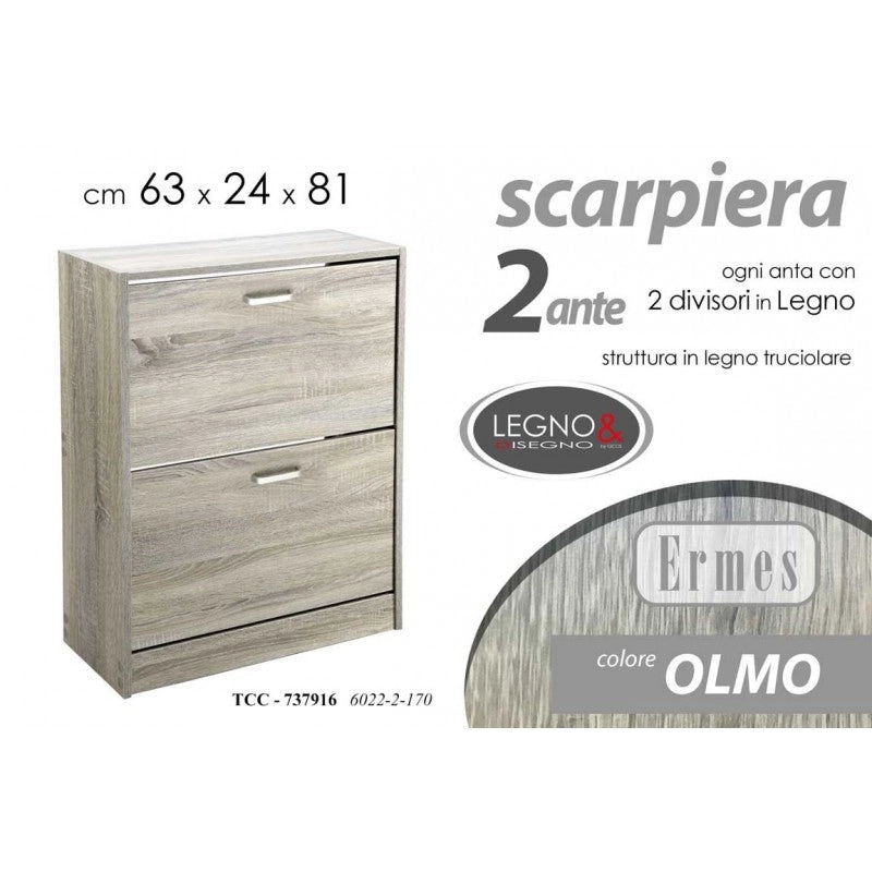 Scarpiera olmo due ribalte con due divisori cm 63 x 24 x 81 h