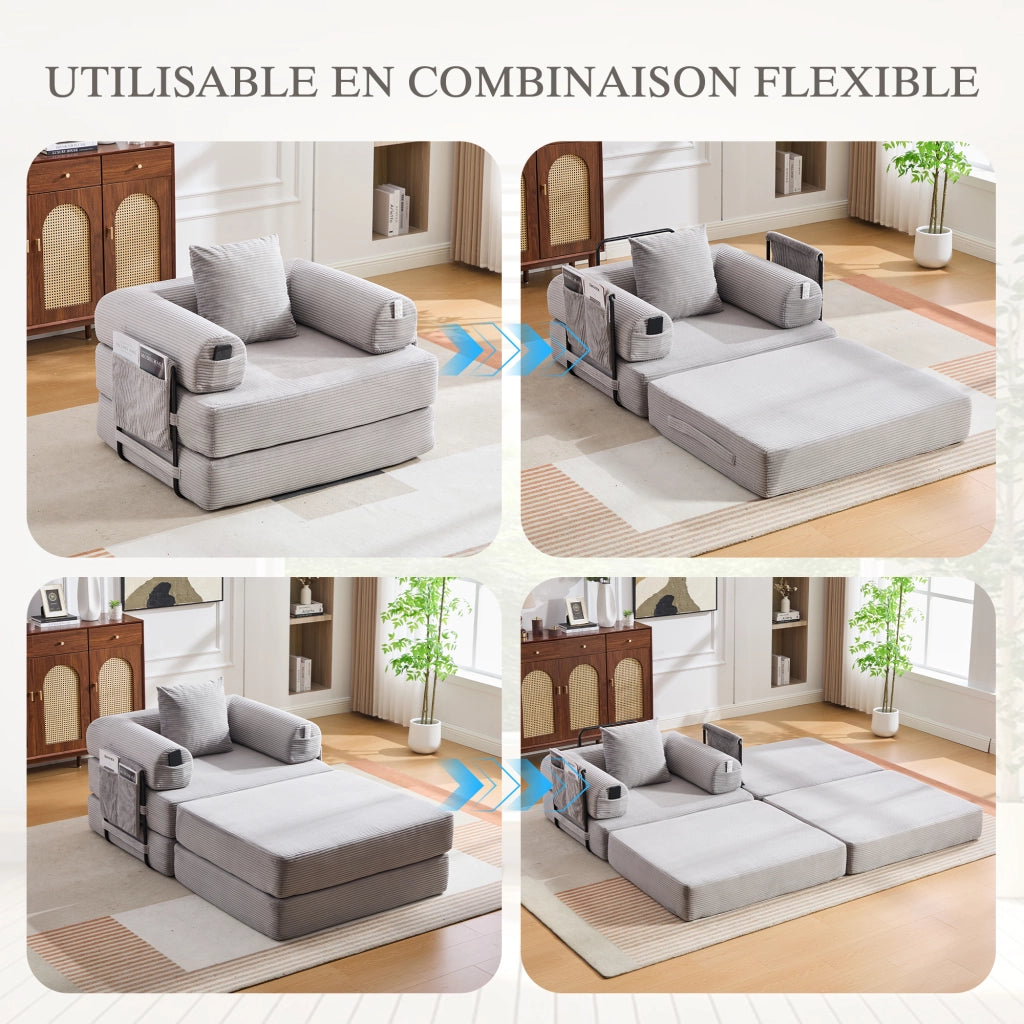 Divano modulare con cuscino e tasca laterale, design ergonomico per soggiorno, in velluto a coste grigio chiaro