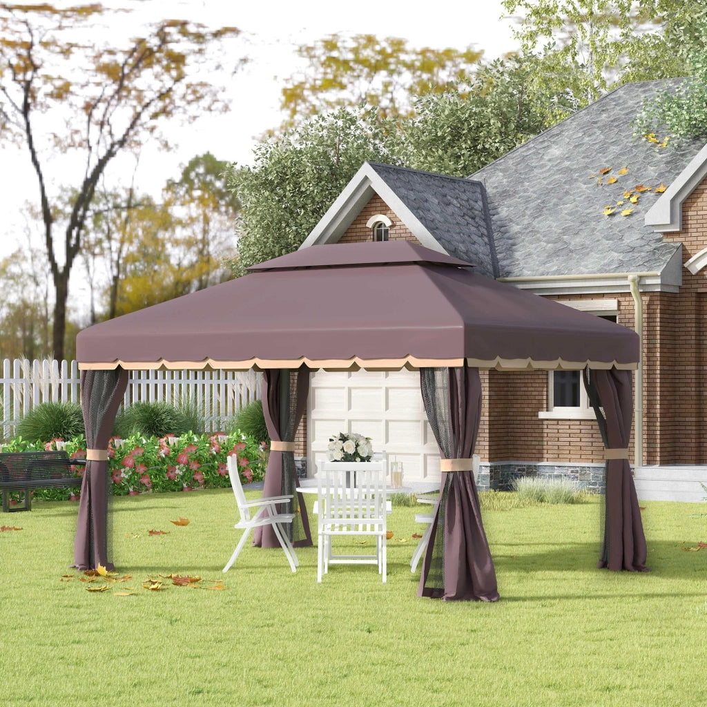 Gazebo da Giardino 3x4m con Doppio Tetto. Zanzariera e Tende. Alluminio e Poliestere. Color Caff¨¨