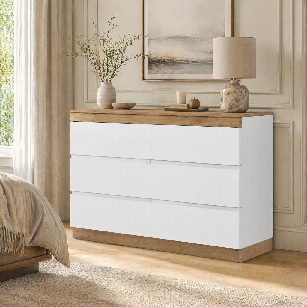 Cassettiera classica con 6 cassetti bianco e rovere