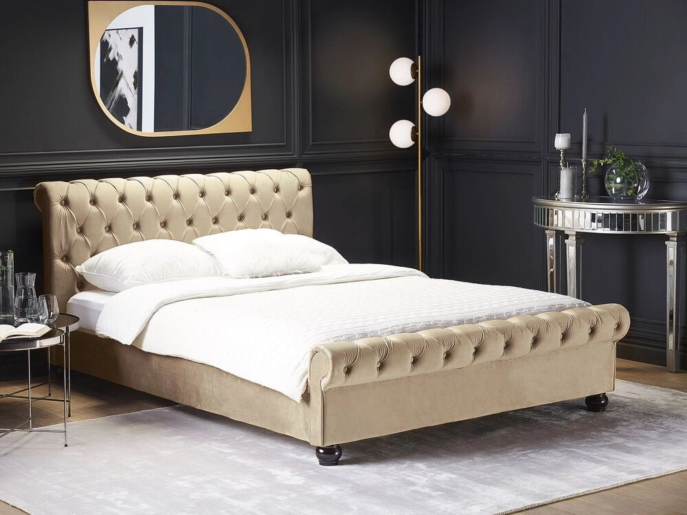 Letto Rivestimento in velluto beige Gambe in legno Nero 160 x 200 cm capitonnè Glam