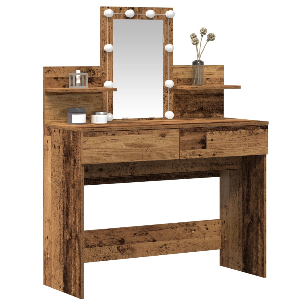 Tavolo da trucco con specchio e luci LED in legno vecchio e legno ingegnerizzato