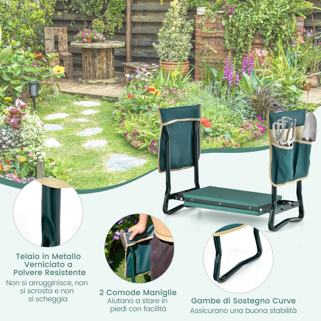 Inginocchiatoio da Giardino 2 in 1 Portatile e Pieghevole, Sgabello da Giardino con Grande Borsa per Attrezzi, Sedile per Giardinaggio per Inginocchiare e Sedere