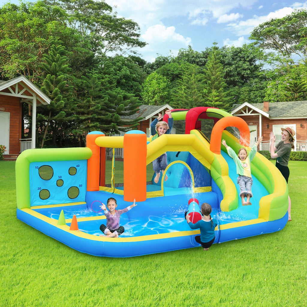 Castello gonfiabile per bambini con scivolo d'acqua trampolino parete da arrampicata e soffiatore da 450 W