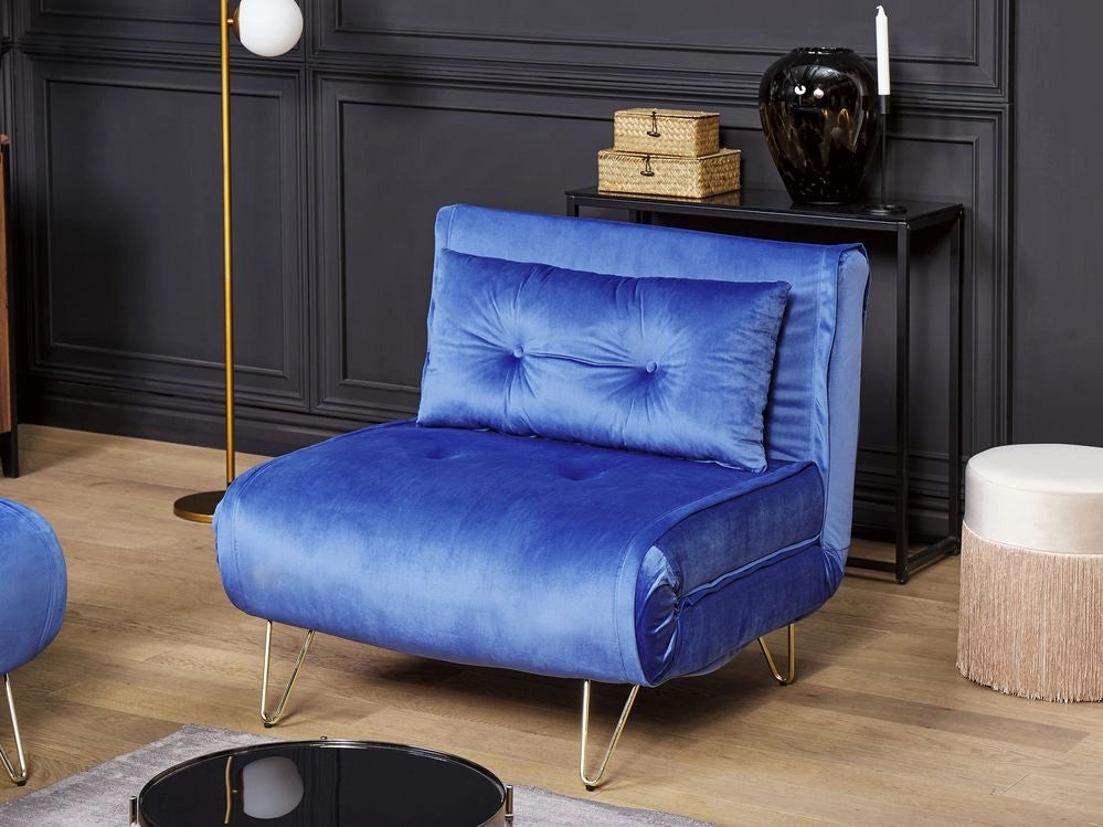 Divano letto piccolo in velluto blu navy 1 posto letto pieghevole senza braccioli con cuscino gambe in metallo dorato glamour