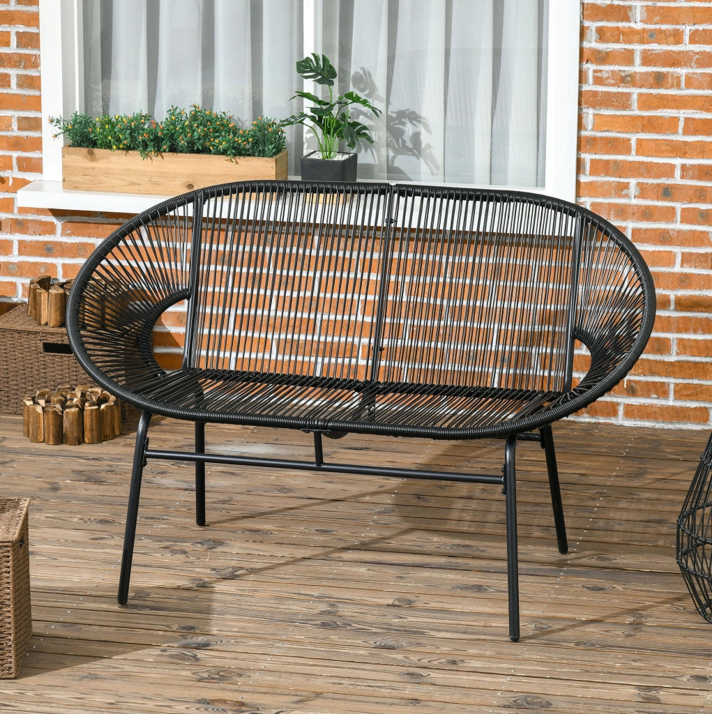 Divanetto da esterno in rattan PE nero a 2 posti con struttura in acciaio