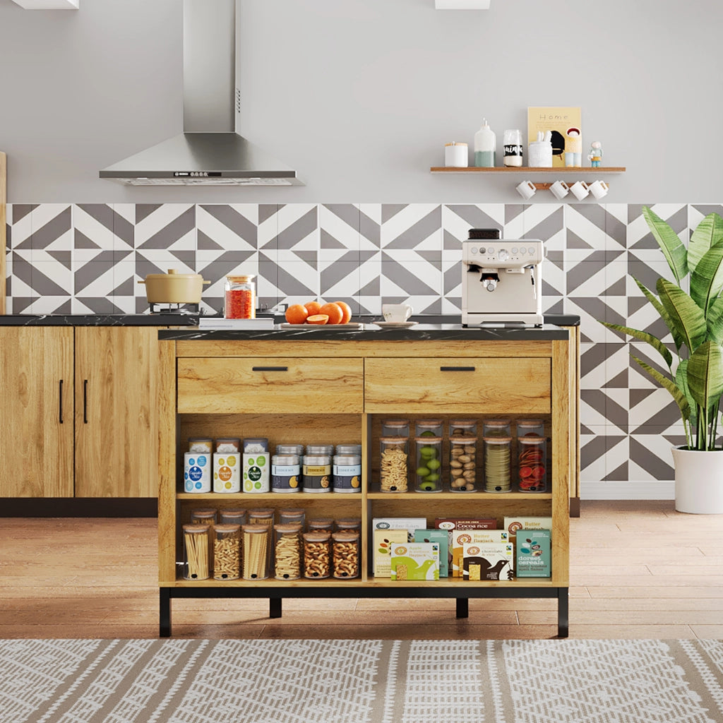 Isola cucina 120 x 75 x 90 cm in stile country con 2 cassetti e ripiani a vista, piano effetto marmo nero, colore nero/naturale