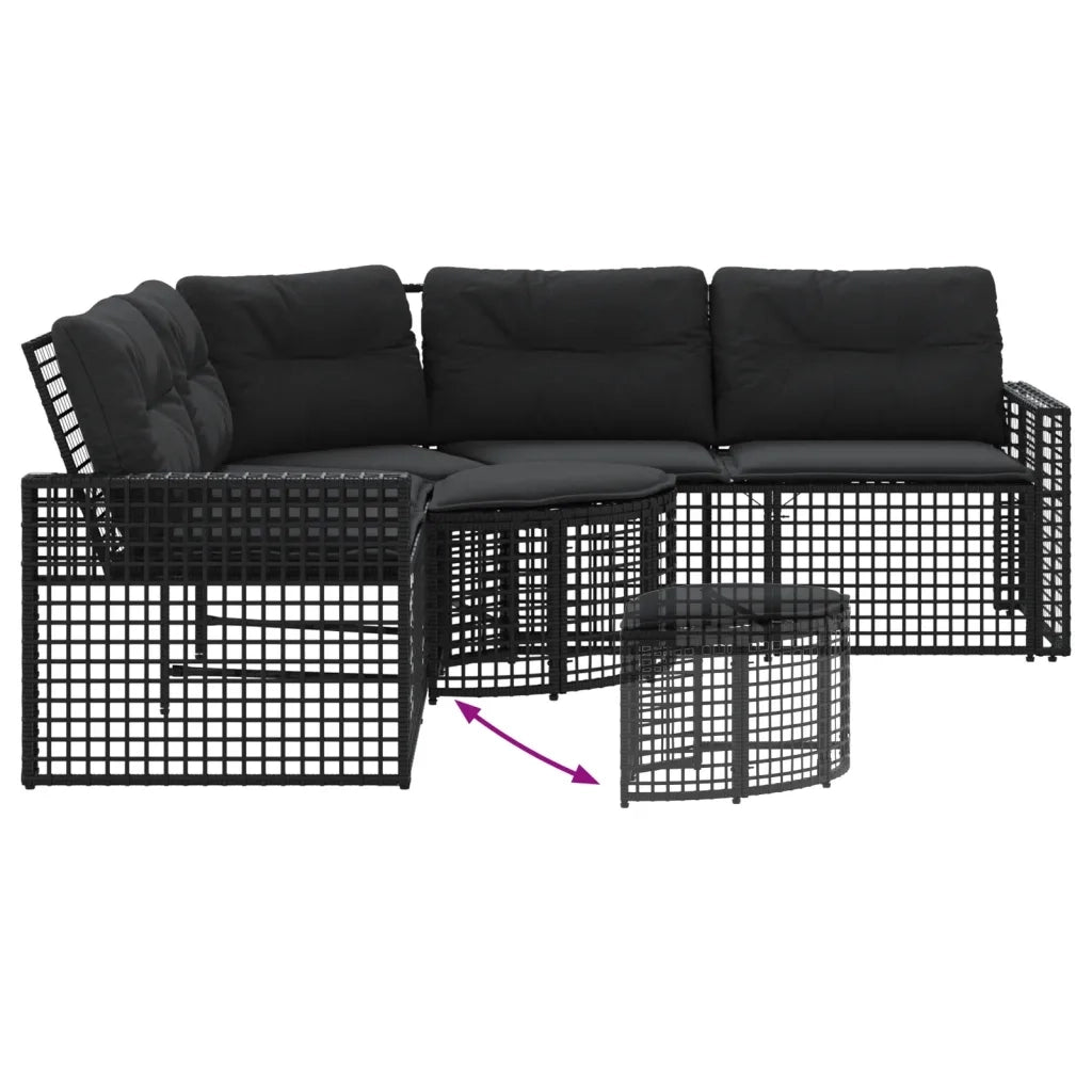 Divano da Giardino a L con Cuscini e Pouf Nero in Polyrattan 365893
