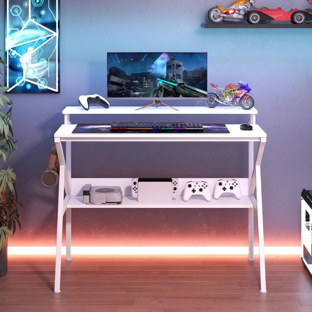 Scrivania Salvaspazio per Computer, Scrivania con Struttura Metallica, Supporto per Monitor, Gancio Pendente e Ripiano, Scrivania Versatile a Forma di R per Ufficio e Casa