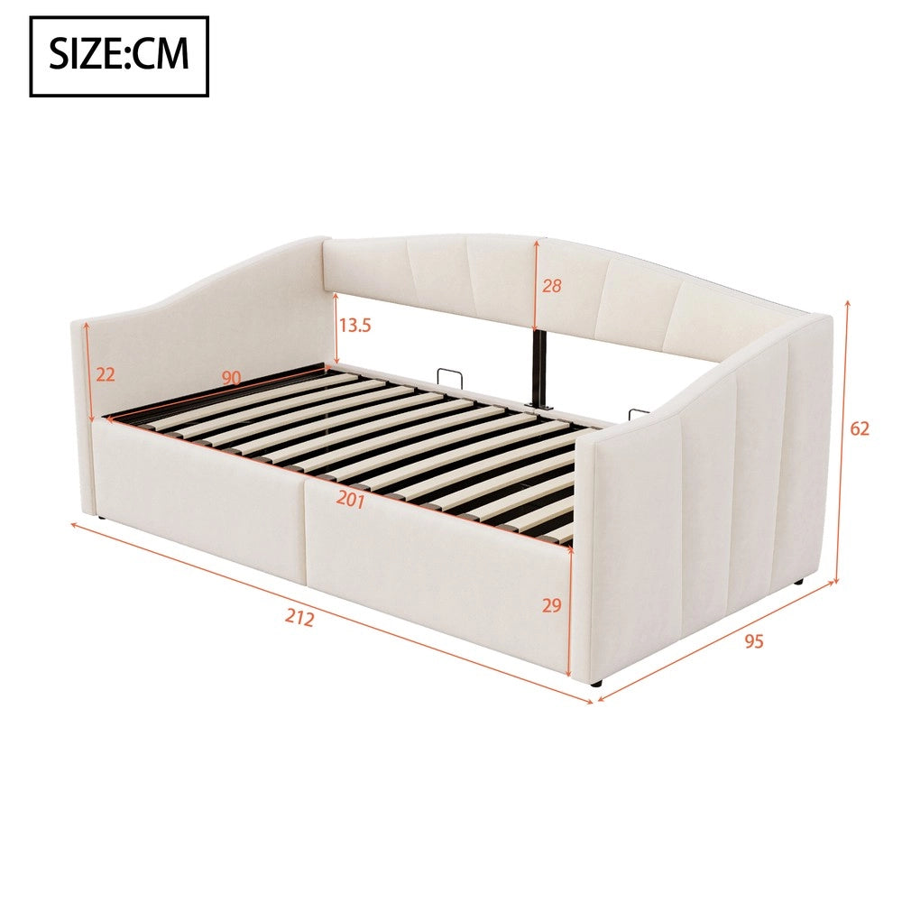 Letto imbottito contenitore 90x200 ¨C Minimal ¨C beige velluto con rete a doghe e braccioli