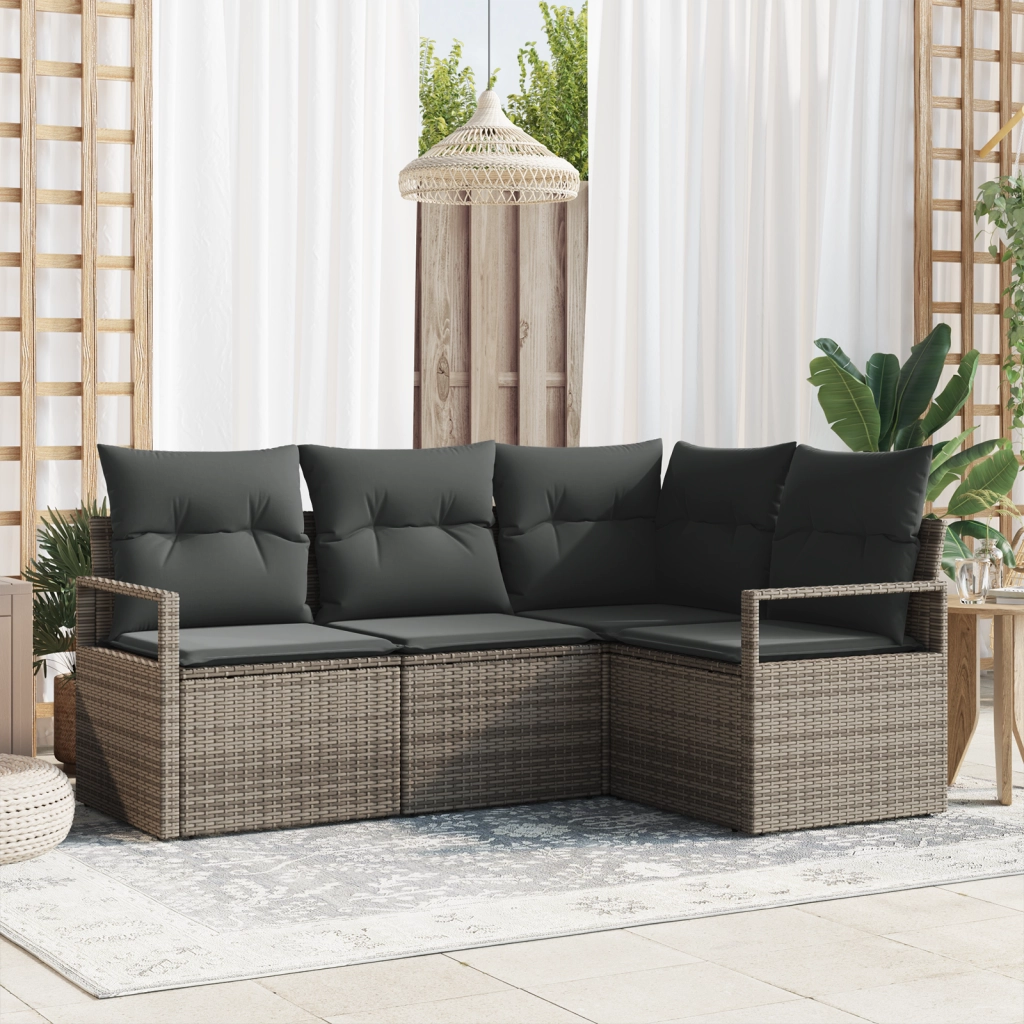 Set da Giardino in 4 Pezzi  con Cuscini Grigio Rattan Poli
