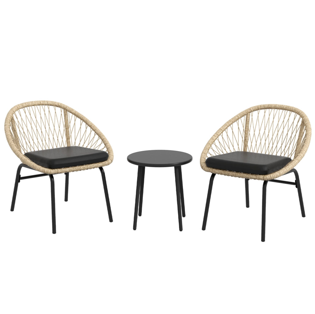 Set da giardino in rattan con 2 sedie, tavolo rotondo e cuscini per il relax all'aperto
