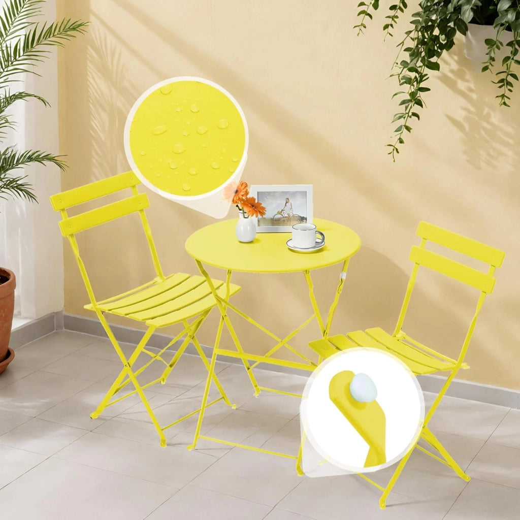 Set da Bistrot Pieghevole 3 Pezzi, Tavolo da Giardino Bistrot in Metallo, 1 Tavolo e 2 Sedie per Piccoli Balconi, Resistente alle Intemperie, per Balcone, Giardino e Terrazzo, Giallo