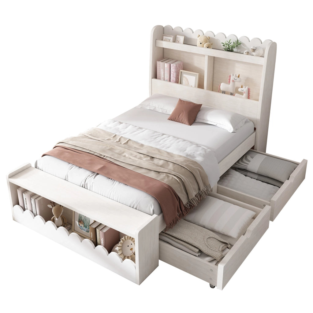 Letto per bambini 90x190 cm con 2 cassetti e ripiani; legno massello e MDF bianco e rovere chiaro