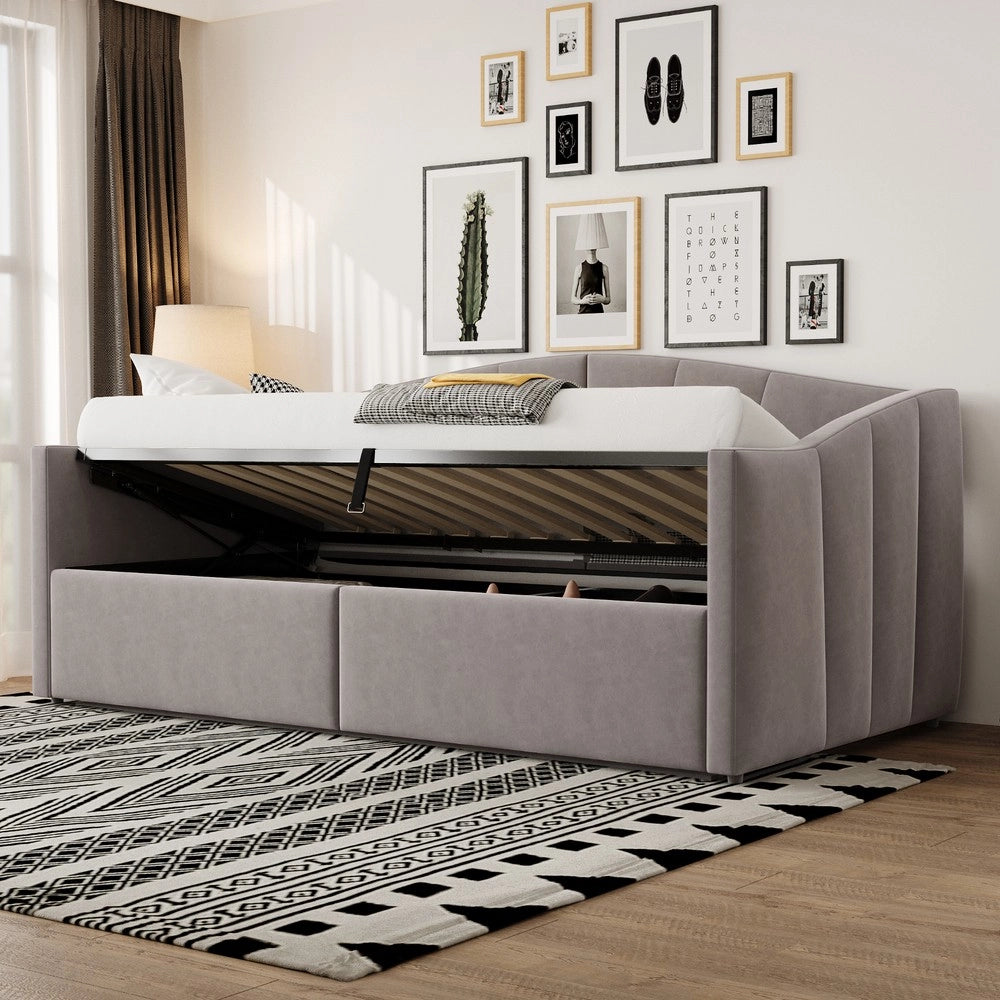 Letto Singolo Imbottito Contenitore ¨C MINIMAL ¨C Velluto Grigio Chiaro, Rete a Doghe, Idraulico, 90x200 cm