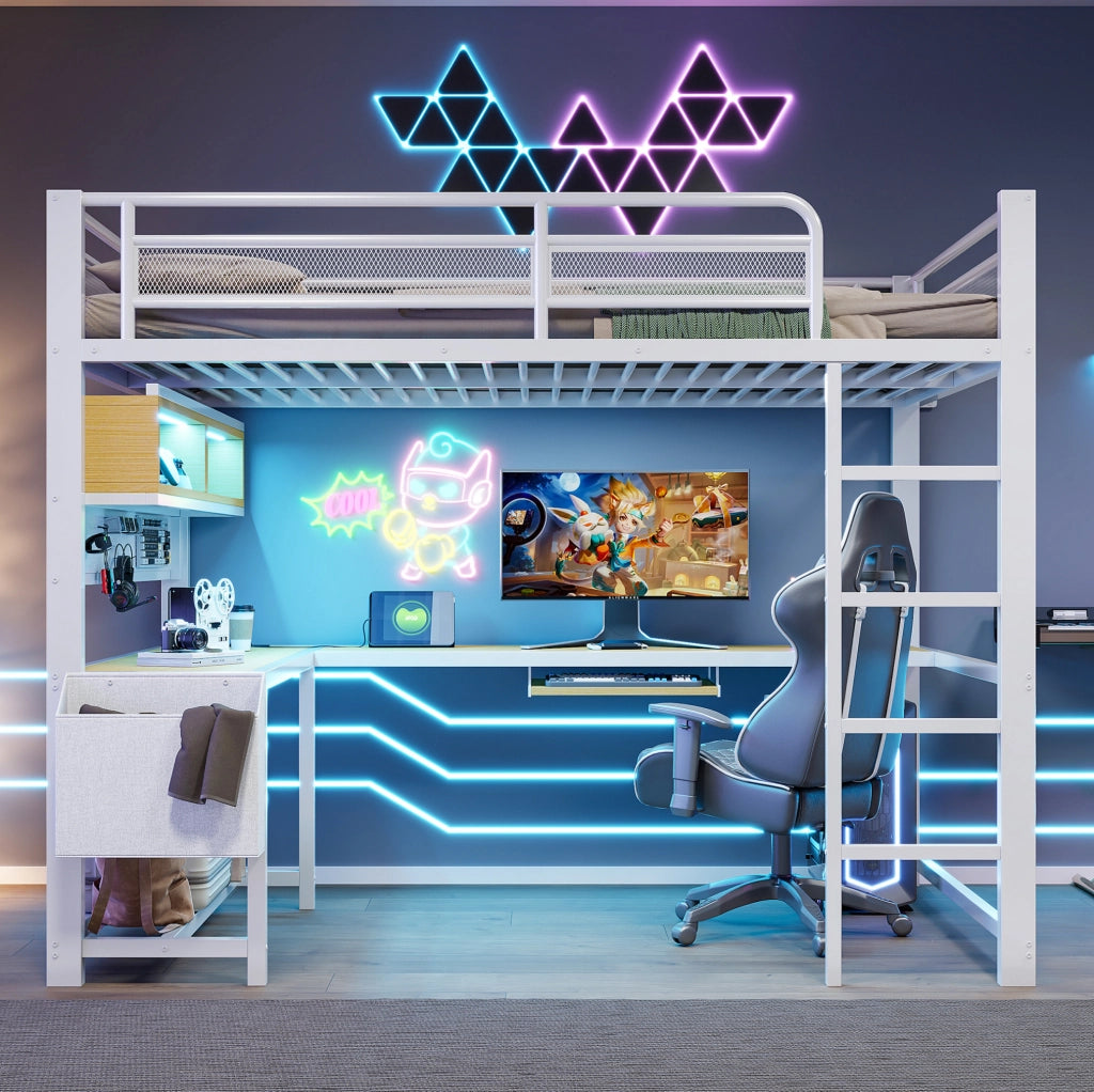 Letto a soppalco 140x200 cm con scrivania; LED e stazione di ricarica in MDF e metallo bianco